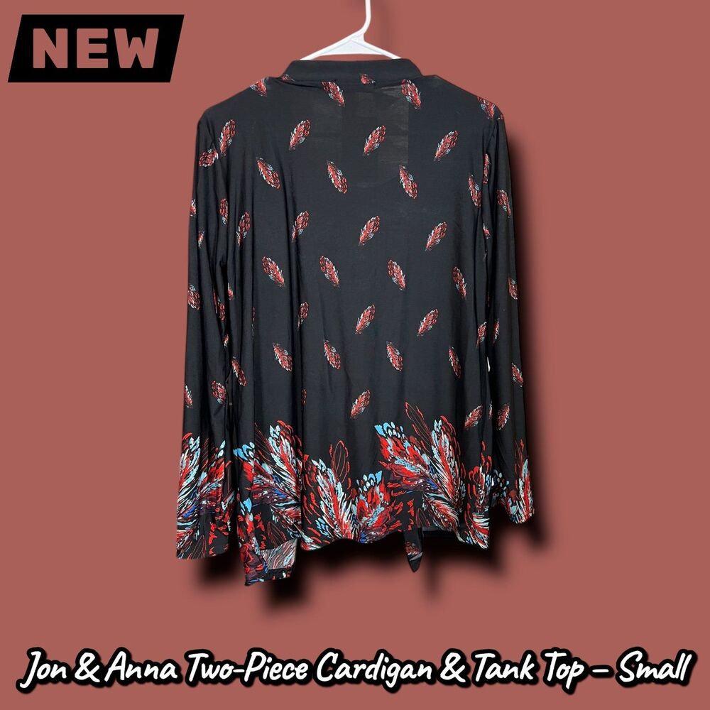 New Jon & Anna Layered Cardigan Tank Top – Black Feather Print – Size Small - Picture 4 of 7